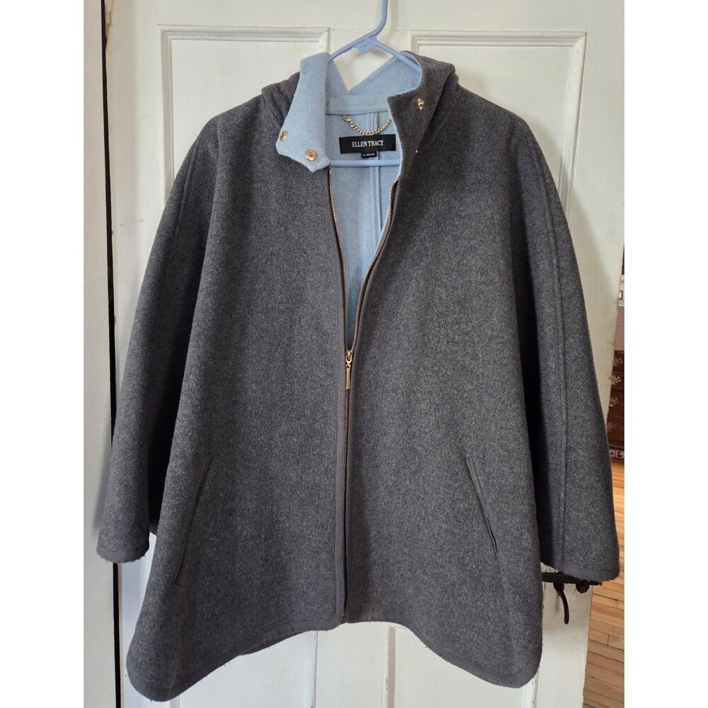 Ellen Tracy Grey Charcoal & Blue Lined Wool Blend Cape/ Poncho Petite L VGUC